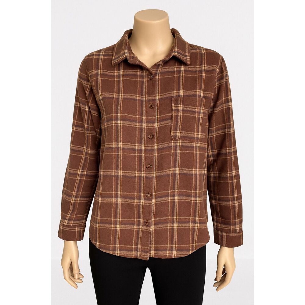 Shein Women’s Plaid Button Up Shirt Brown Long Sleeve Size XS
